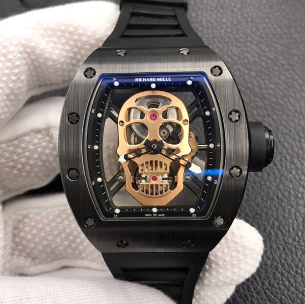 Richard Mille RM 52-01 Tourbillon Skull Clone Titanium Case, Gold and Steel Skull, Black Rubber Strap, Swiss Hand-Wound Movement