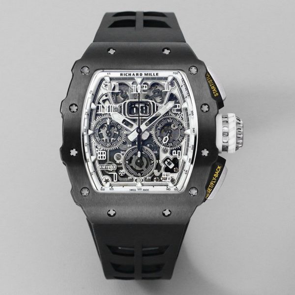 Richard Mille RM 011 Black Strap Clone, Black Ceramic Case, Skeleton Dial, Swiss Movement