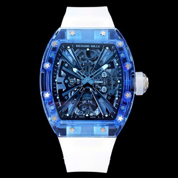 Richard Mille RM 12 Blue Crystal Strap Clone, Blue Transparent Case, Swiss Movement, RM-12