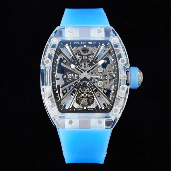 Richard Mille RM 12 Crystal Clear Strap Clone, Transparent Case, Swiss Movement, RM-12