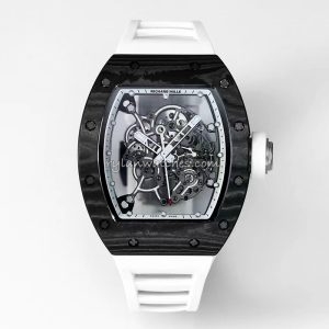 Richard Mille RM 55-01 Tourbillon Clone Carbon Fiber Case, White Rubber Strap, Swiss Hand-Wound Movement, Skeleton Dial
