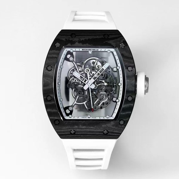 Richard Mille RM 55-01 Tourbillon Clone Carbon Fiber Case, White Rubber Strap, Swiss Hand-Wound Movement, Skeleton Dial