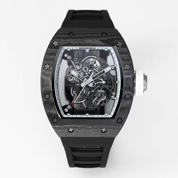 Richard Mille RM 55 Tourbillon Clone with White Sapphire Shock Absorber and Carbon Fiber Case