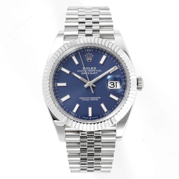Rolex Datejust 41mm blue dial clone with steel fluted bezel and Swiss movement