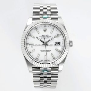 Rolex Datejust 41mm white dial clone with steel fluted bezel and Swiss movement