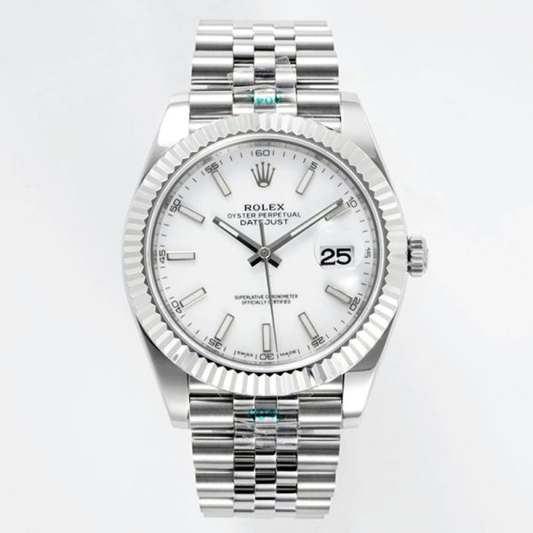 Rolex Datejust 41mm white dial clone with steel fluted bezel and Swiss movement
