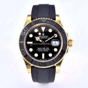 Rolex Yacht-Master yellow gold black bezel black dial 42mm clone with rubber strap