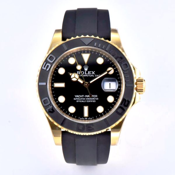 Rolex Yacht-Master yellow gold black bezel black dial 42mm clone with rubber strap