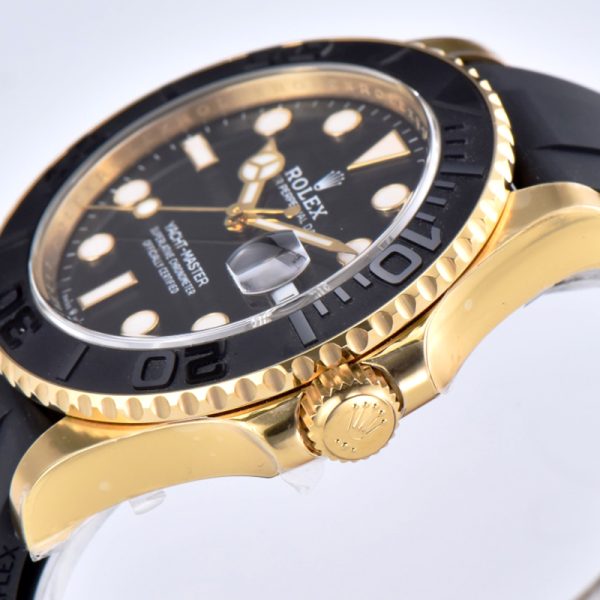 Rolex Yacht-Master 42mm Yellow Gold Black Bezel Black Dial Clone Rubber Strap