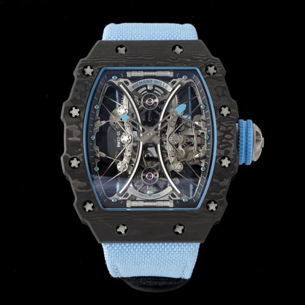 Richard Mille RM 55-01 Tourbillon Skull Clone Carbon Fiber Case, Blue Rubber Strap, Swiss Hand-Wound Movement, Skeleton Dial