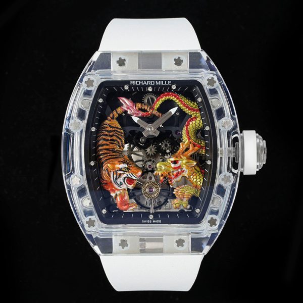 Richard Mille RM 51-01 Tourbillon Clone with Crystal Case and White Strap (Alternate Design)