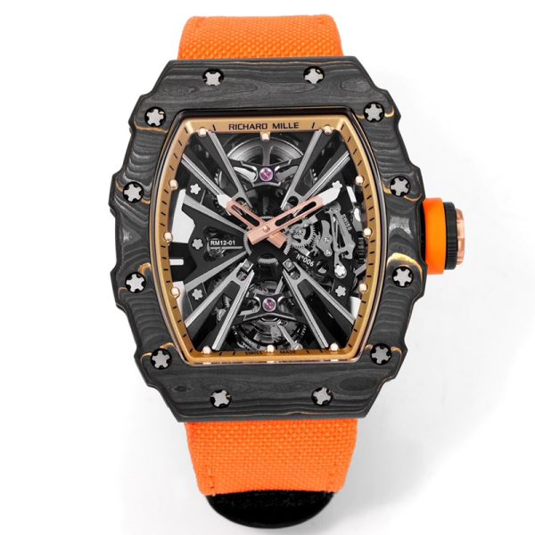 Richard Mille RM 12 Carbon Clone Orange Strap, Forged Carbon Case, Skeleton Dial, Swiss Movement