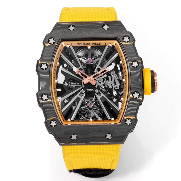Richard Mille RM 12 Carbon Clone Yellow Strap, Forged Carbon Case, Skeleton Dial
