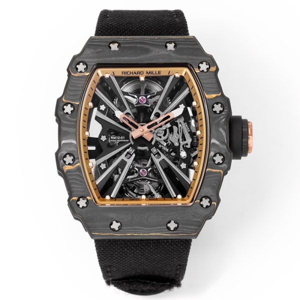 Richard Mille RM 12 Carbon Clone Black Strap, Forged Carbon, Skeleton Dial