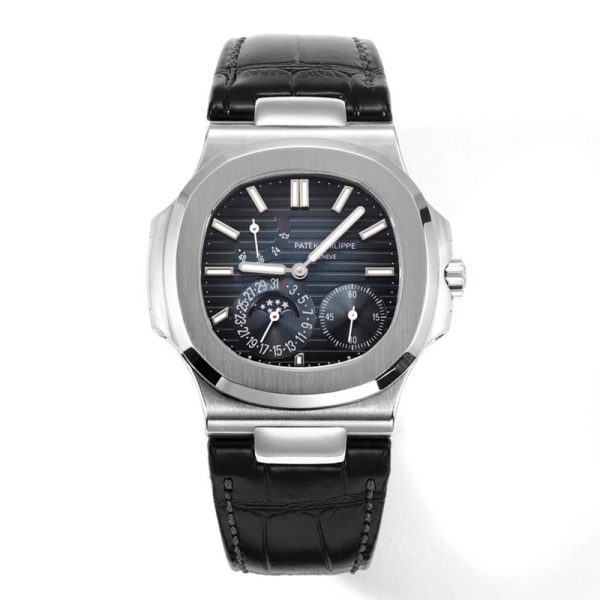 Patek Philippe Nautilus 5712 Black Dial Leather Strap Clone, Moonphase, Black Dial, Leather Strap, Nautilus Clone