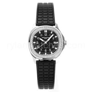 Patek Philippe Aquanaut Black Dial White Metal Case Diamond Bezel Clone, Black Dial, Diamond Bezel, Swiss Clone