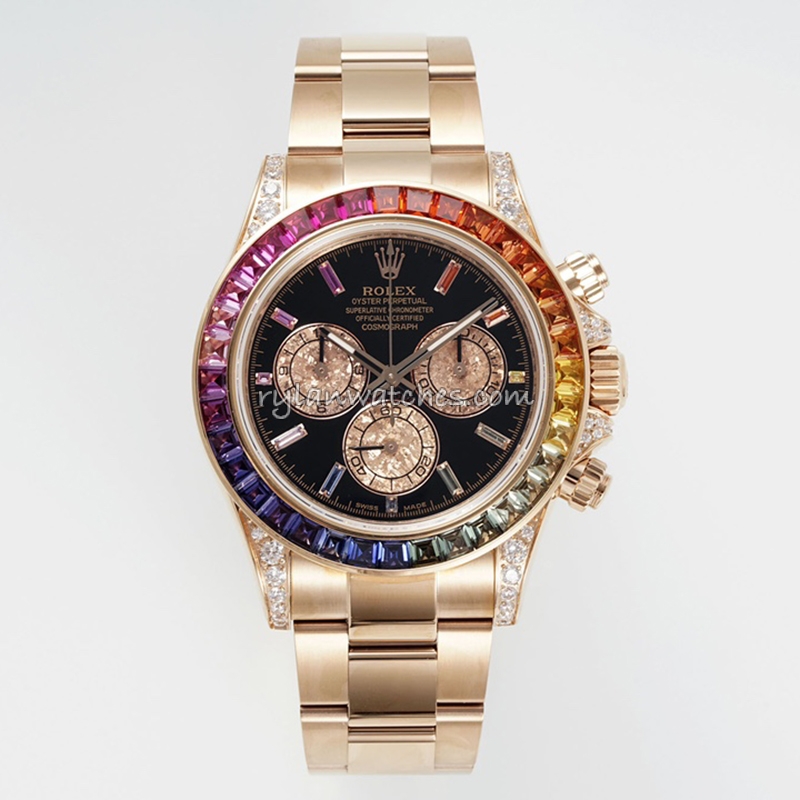 Rolex Daytona Rainbow Rose Gold Black Dial Gemstone Clone