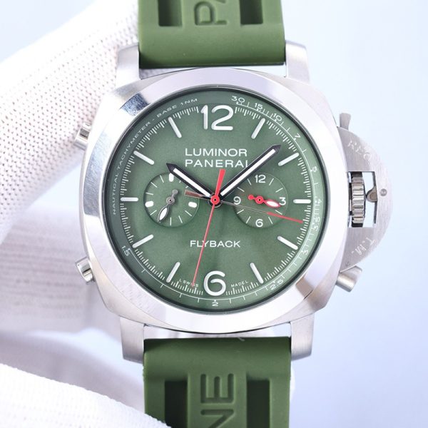 Panerai Luminor Flyback Chronograph PAM01070 Clone with Green Dial and Rubber Strap