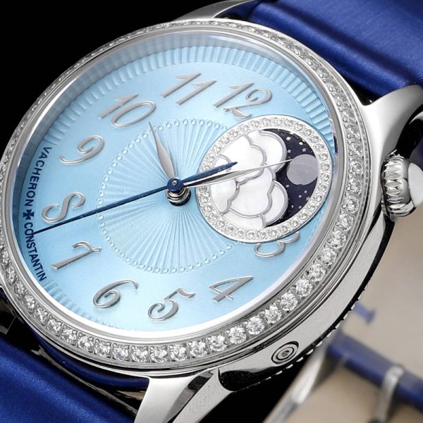 Vacheron Constantin Égérie Moonphase 37mm Blue Dial Diamond Bezel Ladies Clone