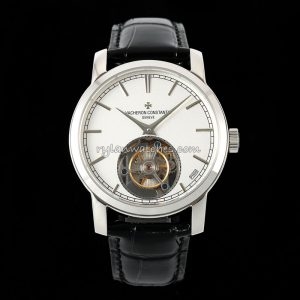Vacheron Constantin Traditionnelle Tourbillon Silver Dial Black Strap Clone
