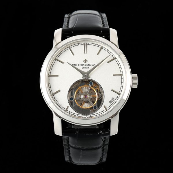 Vacheron Constantin Traditionnelle Tourbillon Silver Dial Black Strap Clone