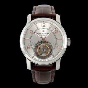 Vacheron Constantin Traditionnelle Tourbillon Silver Dial Rose Gold Numerals Brown Strap Clone