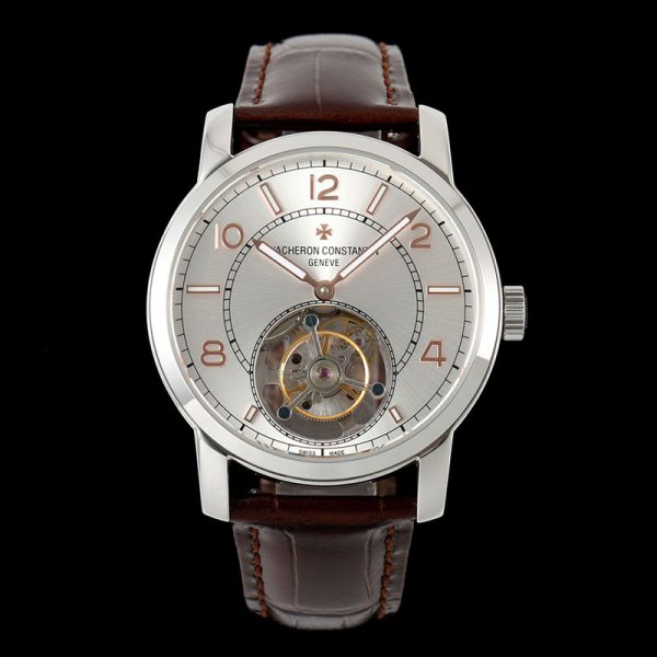 Vacheron Constantin Traditionnelle Tourbillon Silver Dial Rose Gold Numerals Brown Strap Clone
