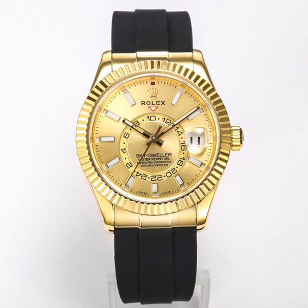 Rolex Sky-Dweller Gold Case Champagne Dial Rubber Strap Clone