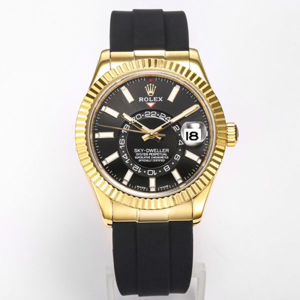 Rolex Sky-Dweller Gold Case Black Dial Rubber Strap Clone