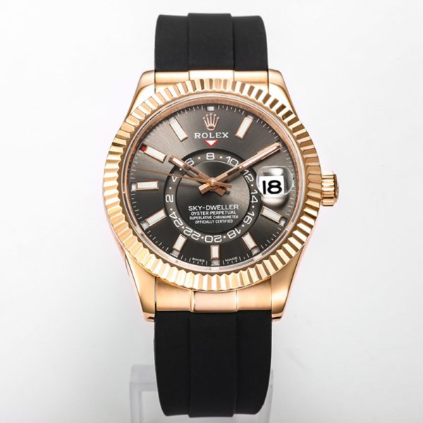 Rolex Sky-Dweller Rose Gold Grey Dial Rubber Strap Clone