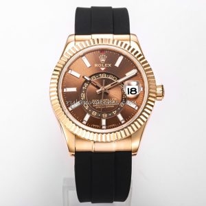 Rolex Sky-Dweller Rose Gold Brown Dial Rubber Strap Clone