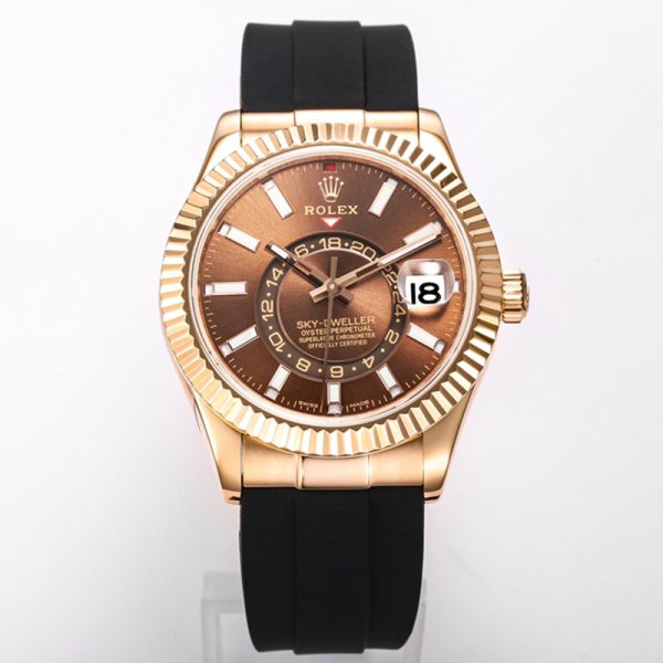 Rolex Sky-Dweller Rose Gold Brown Dial Rubber Strap Clone