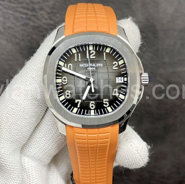 Patek Philippe Aquanaut Gradient Grey Dial White Metal Case Clone, Gradient Grey Dial, Orange Strap, Swiss Clone