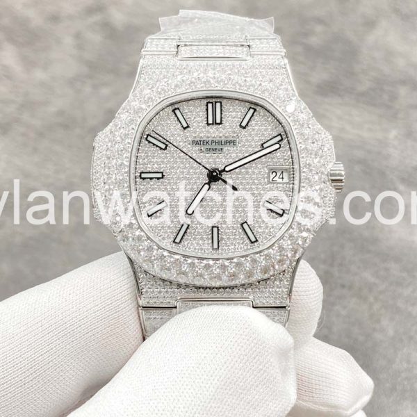 Patek Philippe Nautilus 5711 Full Diamond White Dial Clone, Pavé Diamond, White Dial, Nautilus Clone