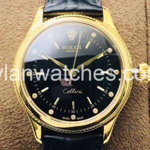 Rolex Cellini 32mm Black Dial Yellow Gold Case Replica Watch