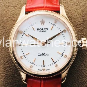 Rolex Cellini 32mm White Dial Yellow Gold Case Red Strap Replica Watch