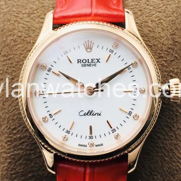 Rolex Cellini 32mm White Dial Yellow Gold Case Red Strap Replica Watch