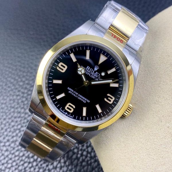 Rolex Explorer Gold ring steel band black dial 36mm