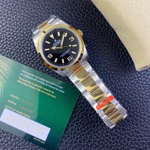 Rolex Explorer Gold ring steel band black dial 36mm