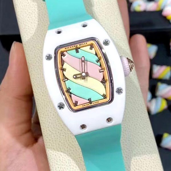 Richard Mille RM 007 White Macaron Blue Strap Clone, White Case, Macaron Dial, Blue Rubber Strap