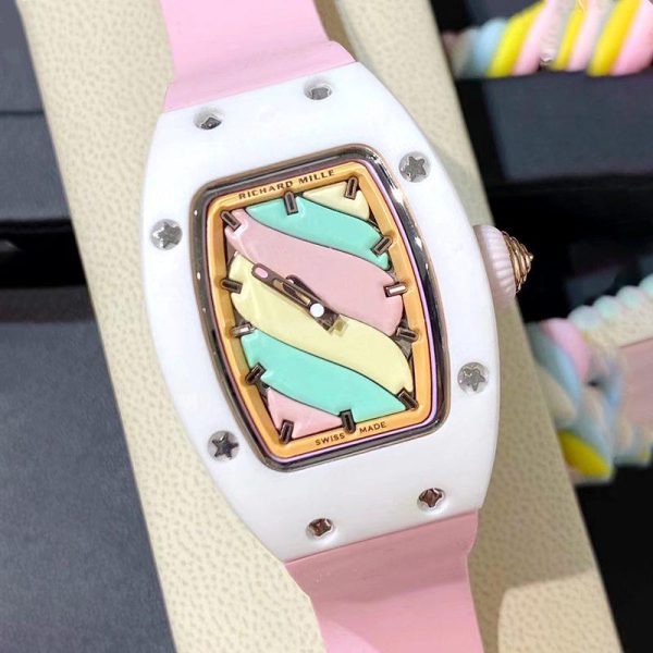 Richard Mille RM 007 White Macaron Pink Strap Clone, White Case, Pastel Dial, Pink Rubber Strap