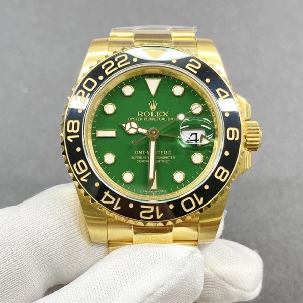 rolex gmt-master ii gold green dial clone luxury replica watch