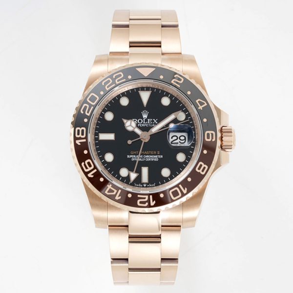 rolex gmt master ii rose gold black dial clone replica watch