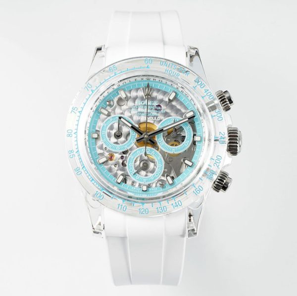 Rolex Daytona AET Crystal Case Chronograph with Aqua Skeleton Dial Replica Watch