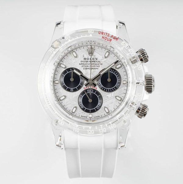 Rolex Daytona AET Meteorite Dial Crystal Case White Rubber Strap Replica Watch