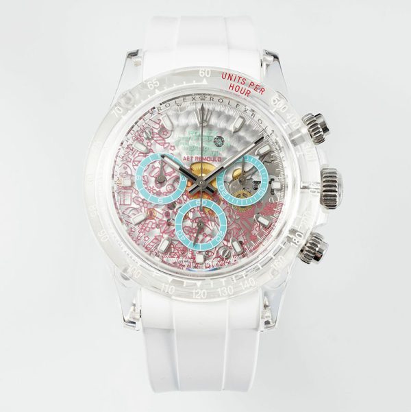 Rolex Daytona AET Crystal Case Chronograph with Red Transparent Skeleton Dial Replica Watch