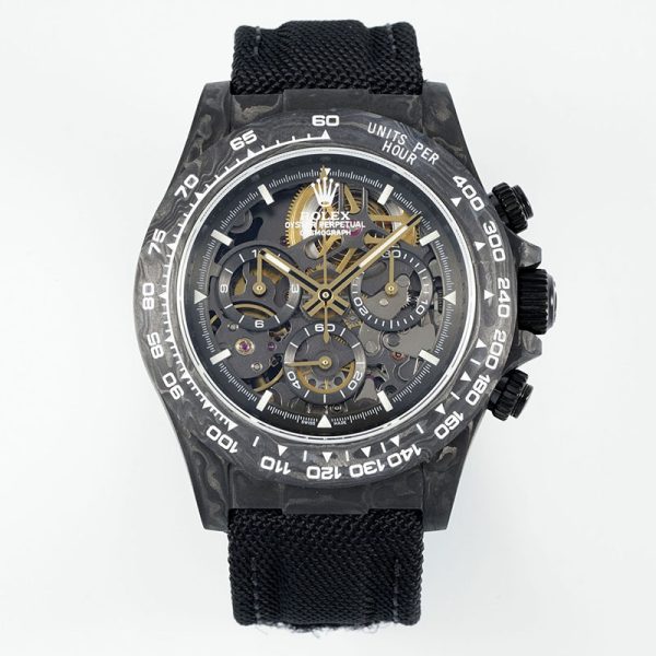 The Rolex Daytona DIW Carbon Fiber Chronograph with Black Strap features a sleek carbon fiber case, Swiss movement, skeleton dial, and a black rubber strap for enhanced performance and style.