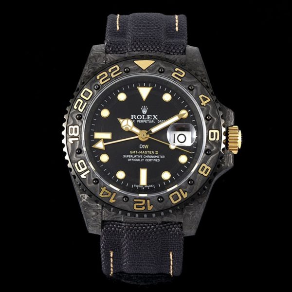Rolex DIW GMT Master II Carbon Fiber Gold Clone 40MM carbon case gold accents black strap