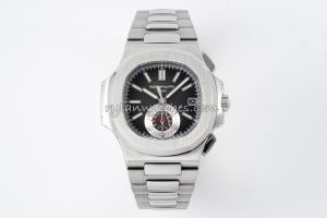Patek Philippe Nautilus Chronograph 1:1 Super Clone with black dial and brushed steel case