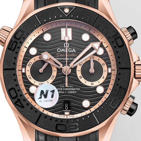 Omega Seamaster Diver 300m Clone Black Dial Rose Gold Rubber Strap 44mm (Copy)